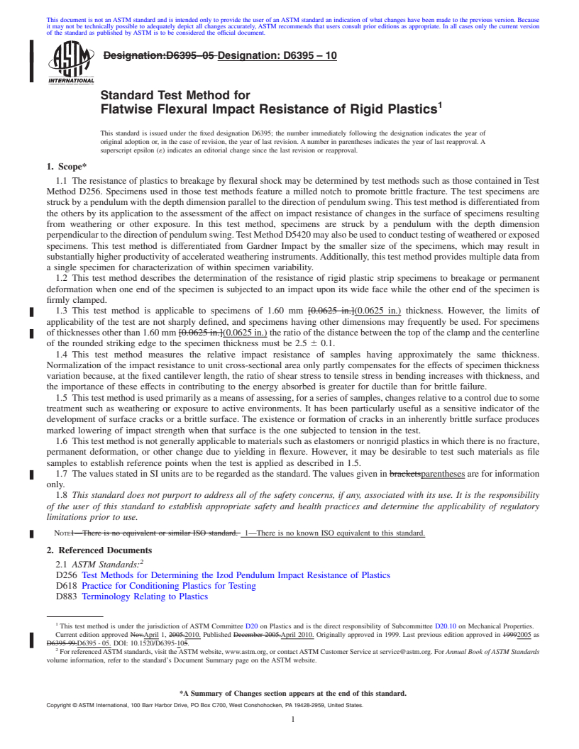 REDLINE ASTM D6395-10 - Standard Test Method for Flatwise Flexural Impact Resistance of Rigid Plastics