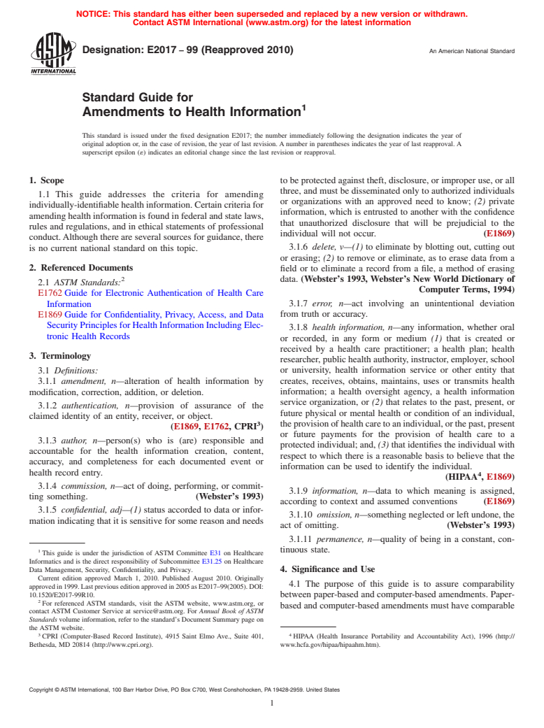 ASTM E2017-99(2010) - Standard Guide for Amendments to Health Information (Withdrawn 2017)