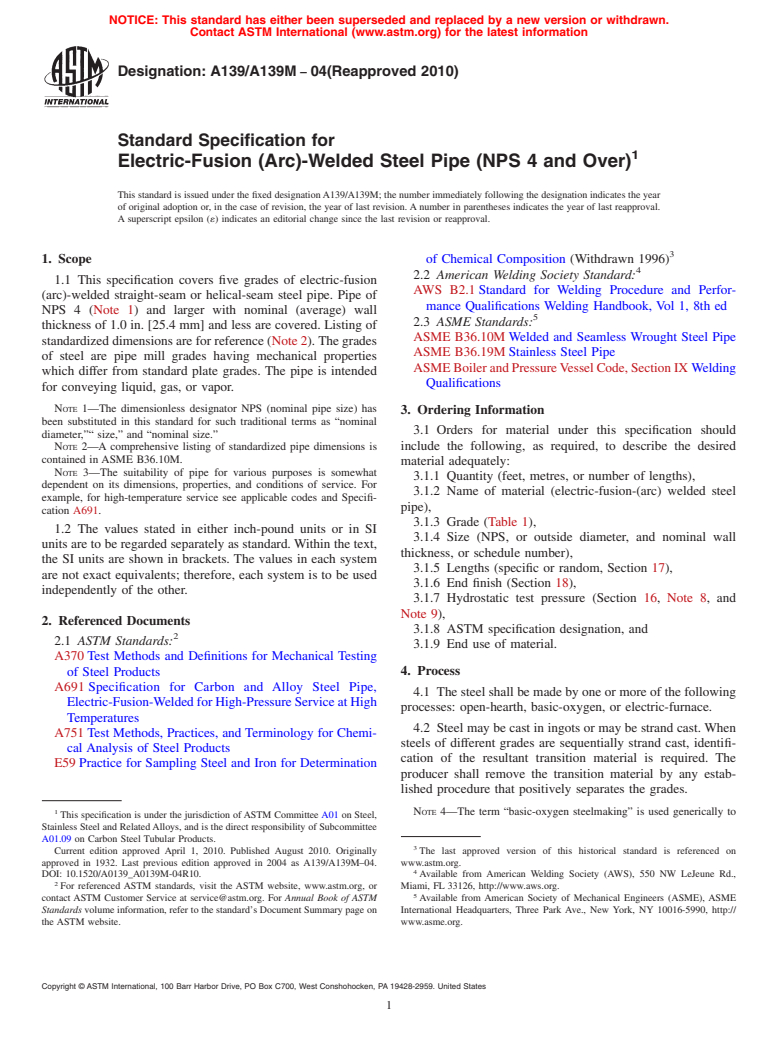 ASTM A139/A139M-04(2010) - Standard Specification for Electric-Fusion (Arc)-Welded Steel Pipe (NPS 4 and Over)