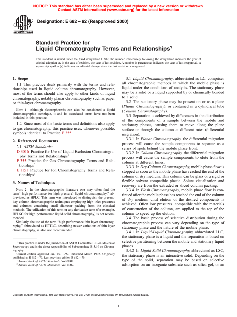 ASTM E682-92(2000) - Standard Practice for Liquid Chromatography Terms and Relationships