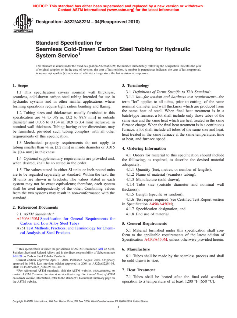 ASTM A822/A822M-04(2010) - Standard Specification for Seamless Cold-Drawn Carbon Steel Tubing for Hydraulic System Service