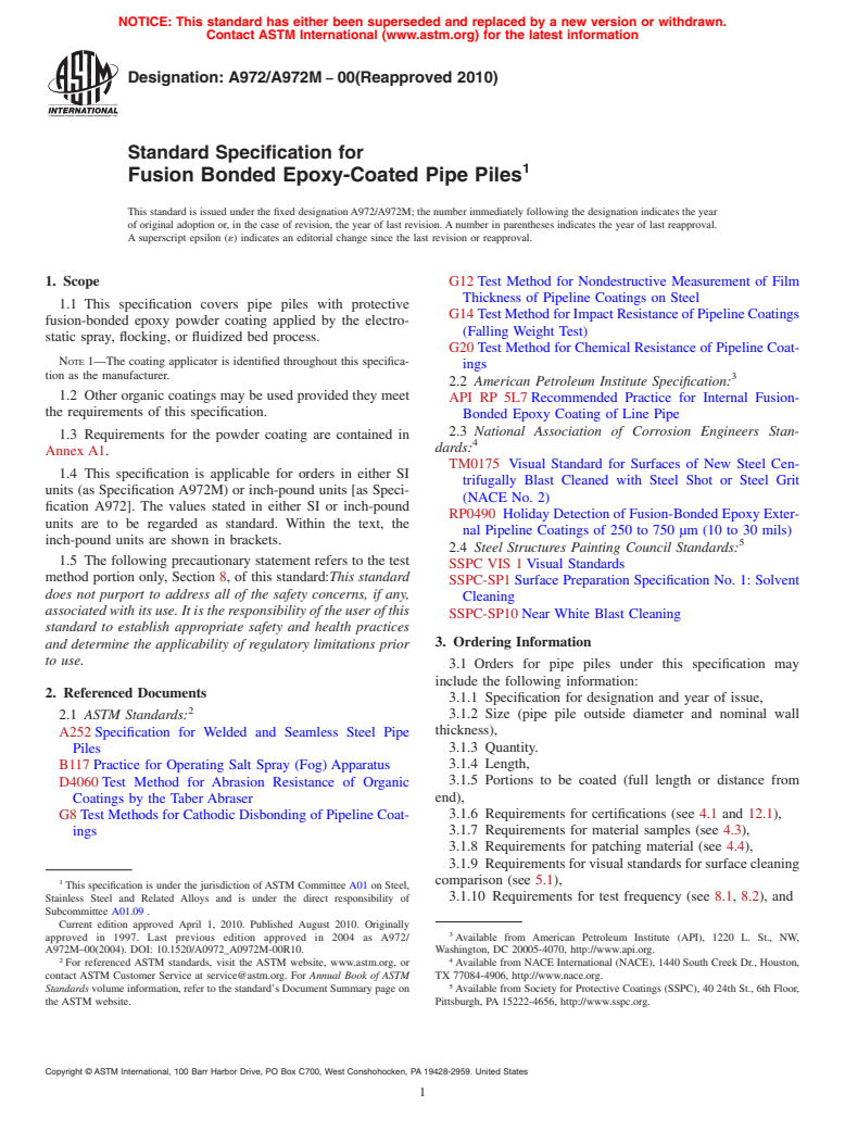 ASTM A972/A972M-00(2010) - Standard Specification for Fusion Bonded Epoxy-Coated Pipe Piles