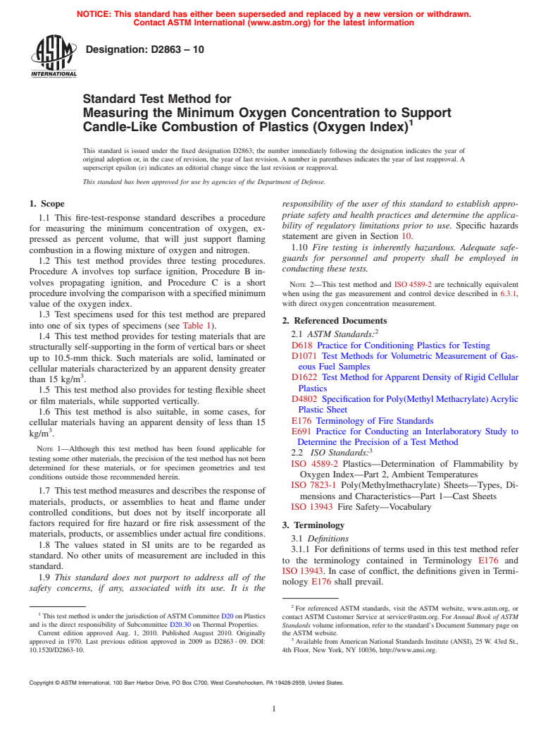 ASTM D2863-10 - Standard Test Method for  Measuring the Minimum Oxygen Concentration to Support Candle-Like Combustion of Plastics (Oxygen Index)