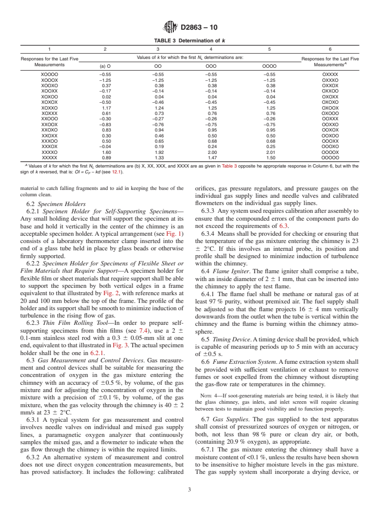 ASTM D2863-10 - Standard Test Method for  Measuring the Minimum Oxygen Concentration to Support Candle-Like Combustion of Plastics (Oxygen Index)