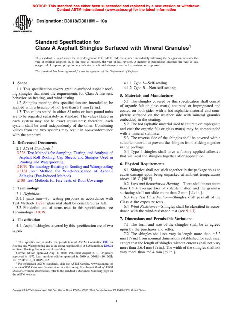 ASTM D3018/D3018M-10a - Standard Specification for Class A Asphalt Shingles Surfaced with Mineral Granules