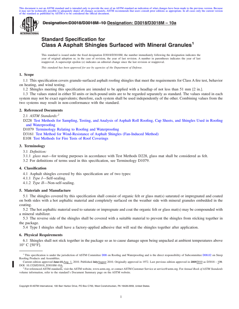 REDLINE ASTM D3018/D3018M-10a - Standard Specification for Class A Asphalt Shingles Surfaced with Mineral Granules