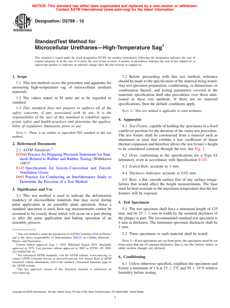 ASTM D3769-10 - Standard Test Method for Microcellular Urethanes--High Temperature Sag