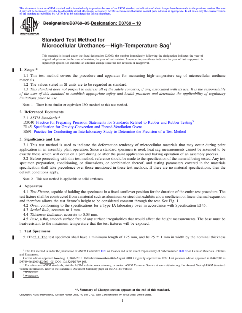 REDLINE ASTM D3769-10 - Standard Test Method for Microcellular Urethanes--High Temperature Sag