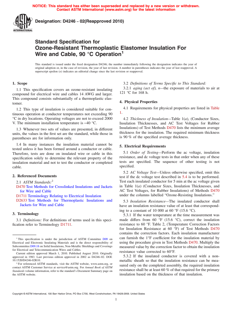 ASTM D4246-02(2010) - Standard Specification for Ozone-Resistant Thermoplastic Elastomer Insulation For Wire and Cable, 90&#176C Operation