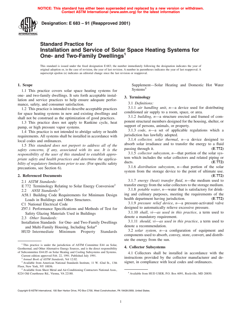 ASTM E683-91(2001) - Standard Practice for Installation and Service of Solar Space Heating Systems for One- and Two-Family Dwellings