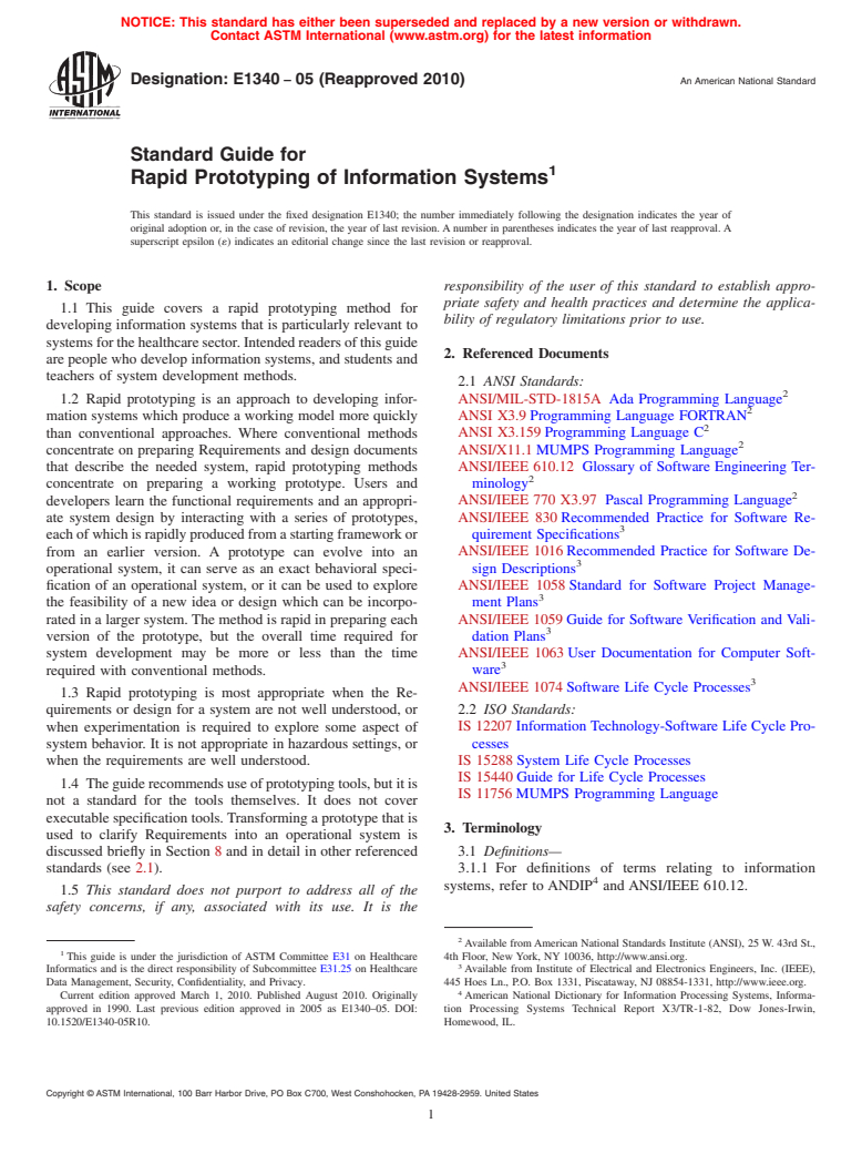 ASTM E1340-05(2010) - Standard Guide for Rapid Prototyping of Information Systems (Withdrawn 2017)