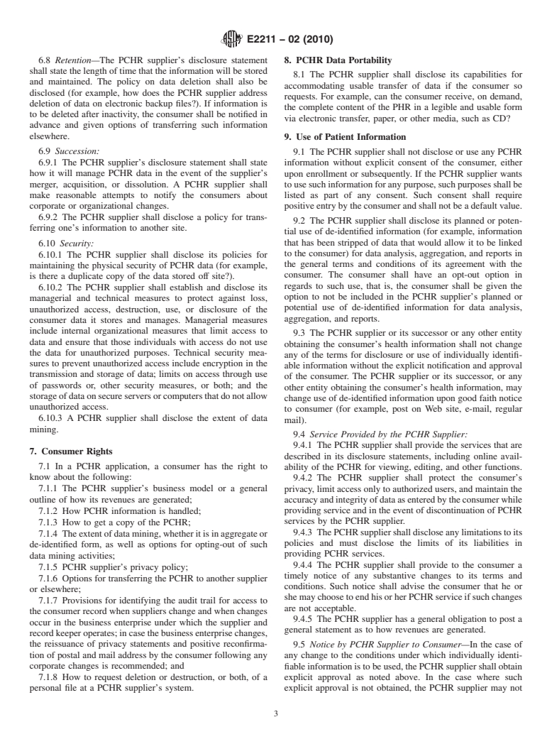 ASTM E2211-02(2010) - Standard Specification for Relationship Between a Person (Consumer) and a Supplier of an Electronic Personal (Consumer) Health Record (Withdrawn 2014)