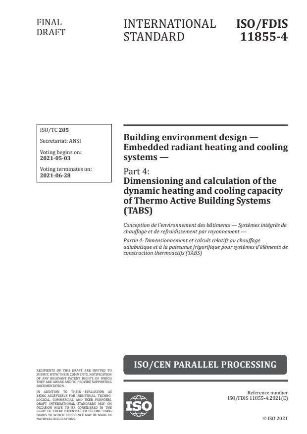 ISO/FDIS 11855-4 - Building environment design -- Embedded radiant heating and cooling systems