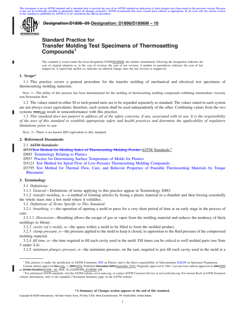 REDLINE ASTM D1896/D1896M-10 - Standard Practice for Transfer Molding Test Specimens of Thermosetting Compounds