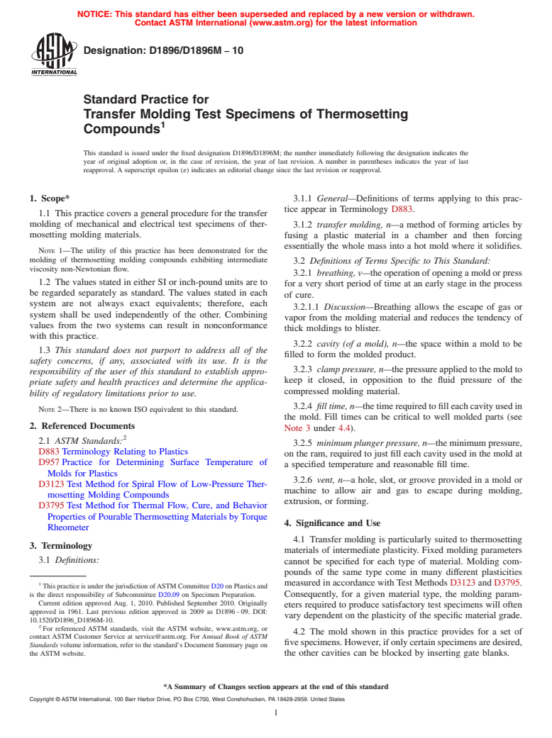 ASTM D1896/D1896M-10 - Standard Practice for Transfer Molding Test Specimens of Thermosetting Compounds