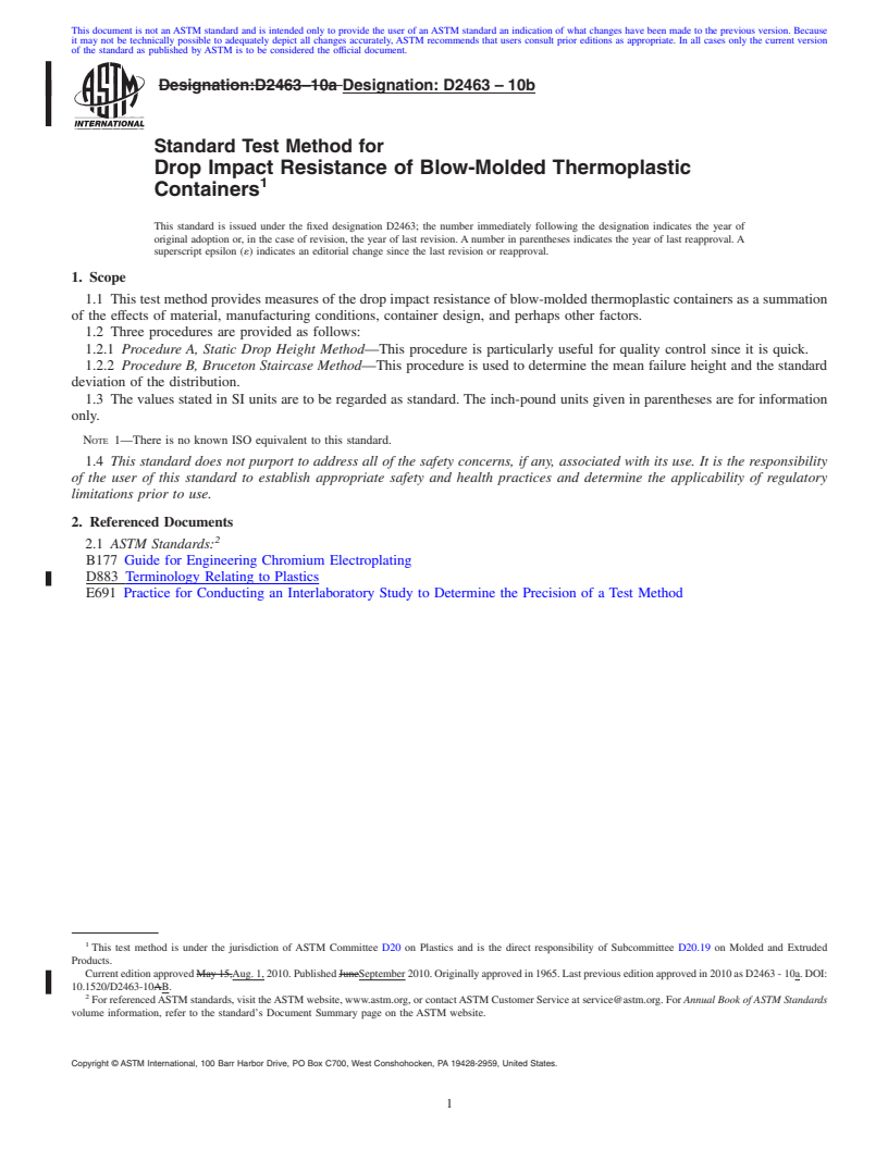 REDLINE ASTM D2463-10b - Standard Test Method for Drop Impact Resistance of Blow-Molded Thermoplastic Containers