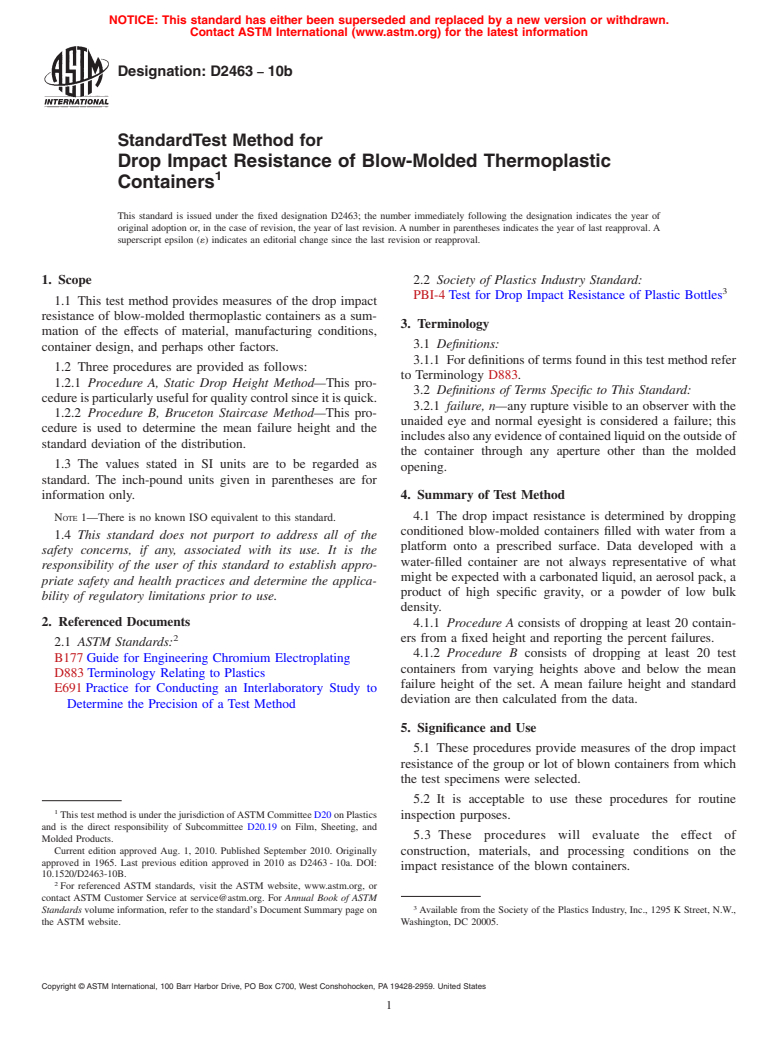 ASTM D2463-10b - Standard Test Method for Drop Impact Resistance of Blow-Molded Thermoplastic Containers