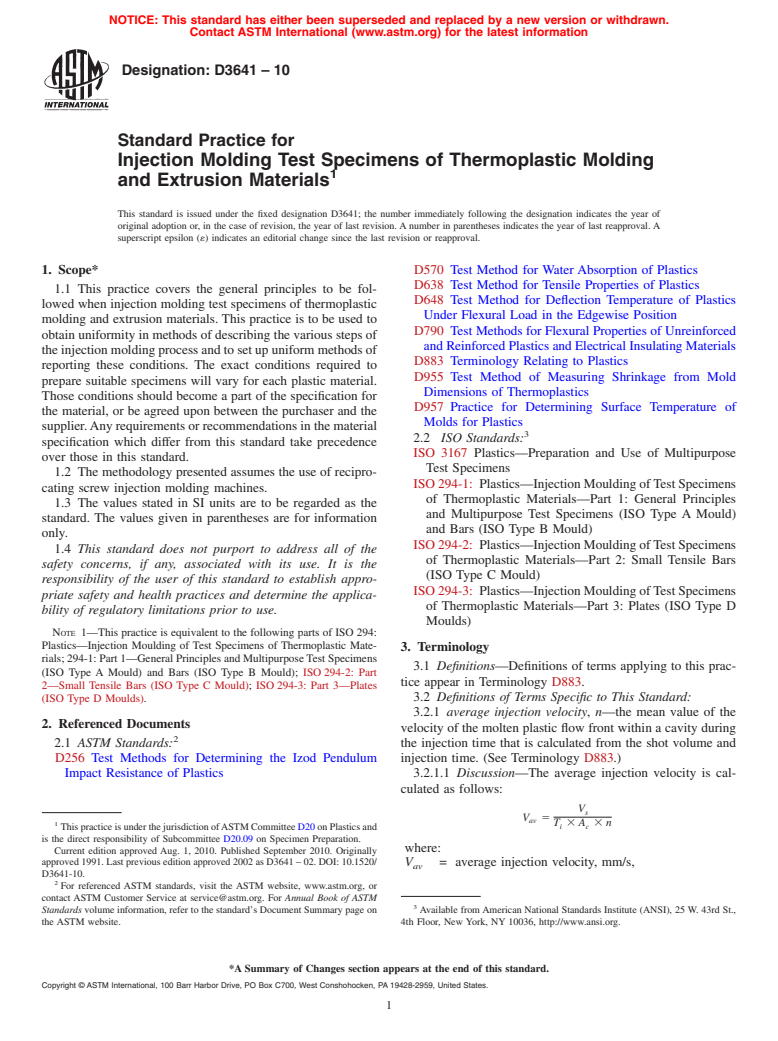 ASTM D3641-10 - Standard Practice for Injection Molding Test Specimens of Thermoplastic Molding and Extrusion Materials