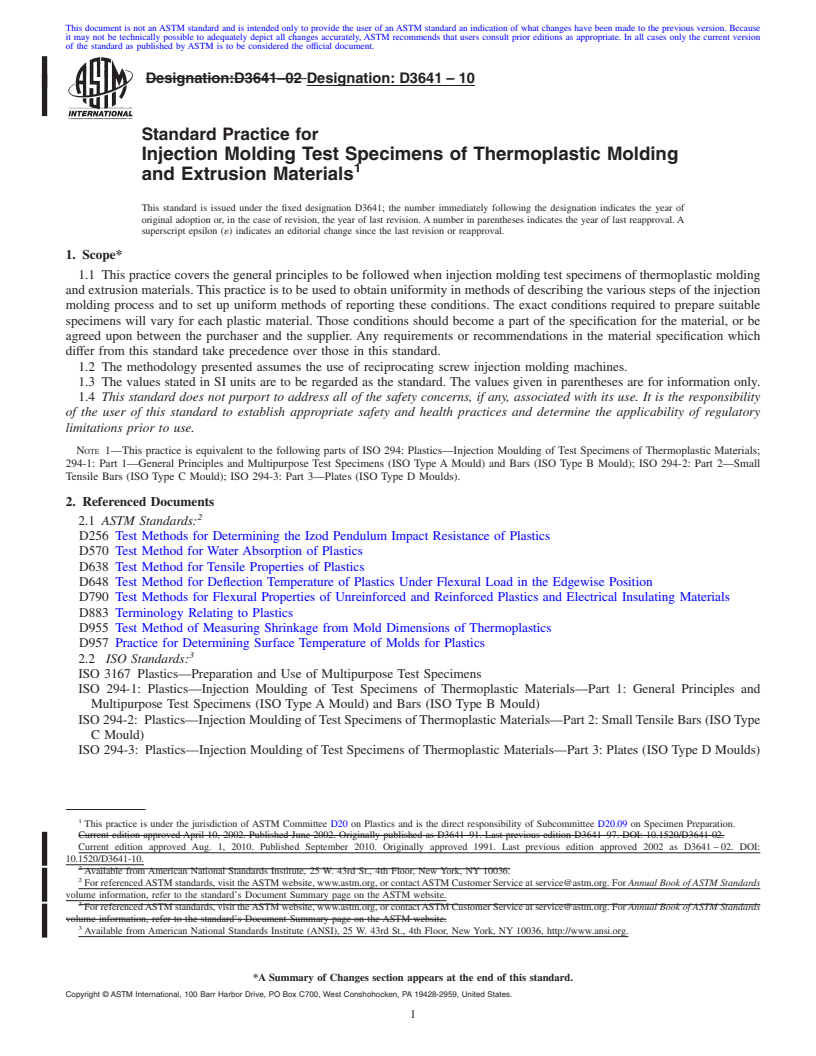 REDLINE ASTM D3641-10 - Standard Practice for Injection Molding Test Specimens of Thermoplastic Molding and Extrusion Materials