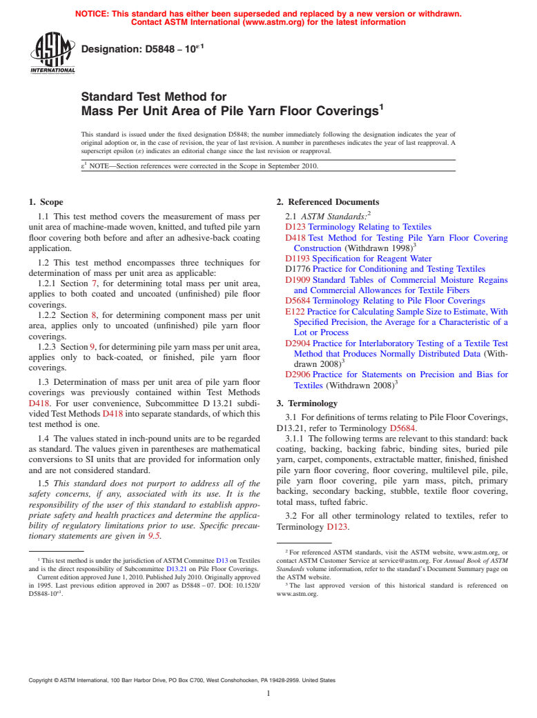 ASTM D5848-10e1 - Standard Test Method for  Mass Per Unit Area of Pile Yarn Floor Coverings (Withdrawn 2019)