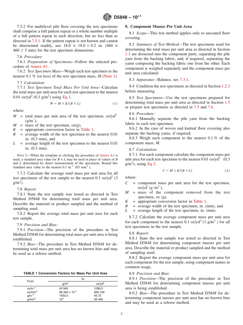 ASTM D5848-10e1 - Standard Test Method for  Mass Per Unit Area of Pile Yarn Floor Coverings (Withdrawn 2019)