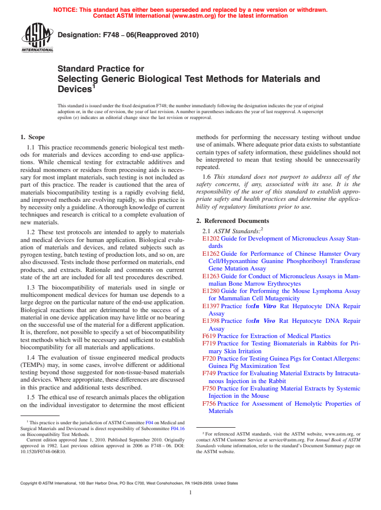 ASTM F748-06(2010) - Standard Practice for Selecting Generic Biological Test Methods for Materials and Devices