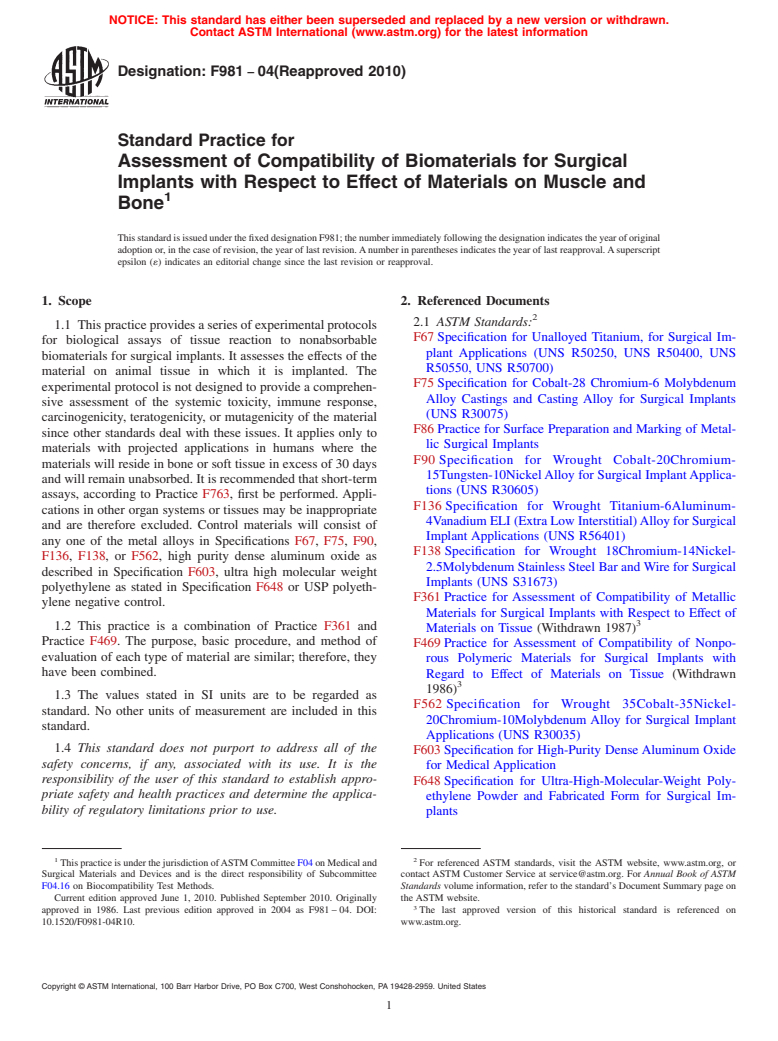 ASTM F981-04(2010) - Standard Practice for Assessment of Compatibility of Biomaterials for Surgical Implants with Respect to Effect of Materials on Muscle and Bone