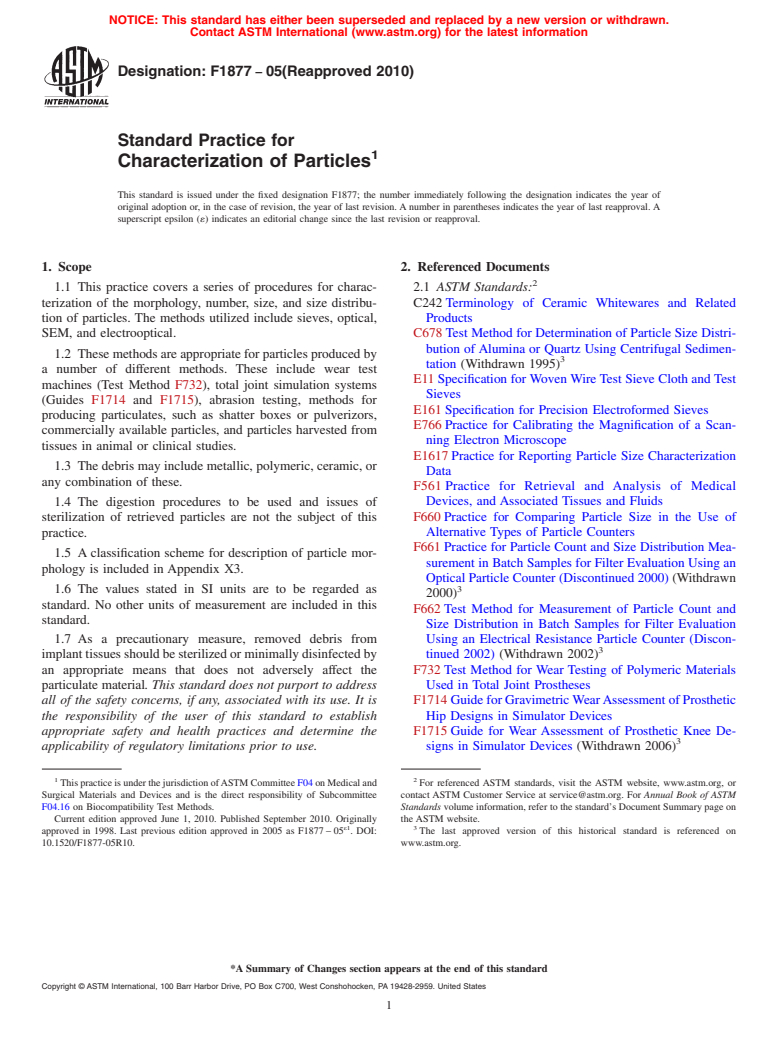 ASTM F1877-05(2010) - Standard Practice for Characterization of Particles