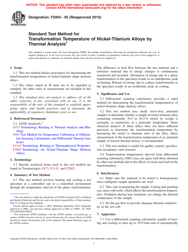 ASTM F2004-05(2010) - Standard Test Method for Transformation Temperature of Nickel-Titanium Alloys by Thermal Analysis