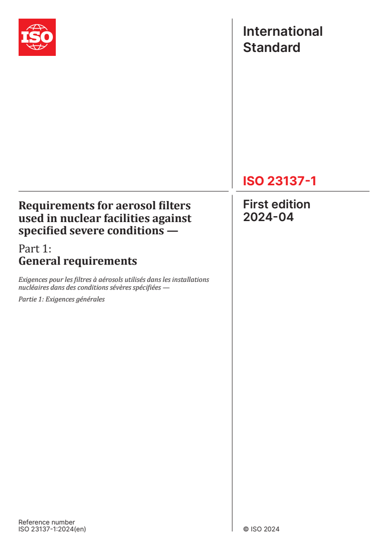 ISO 23137-1:2024 - Requirements for aerosol filters used in nuclear facilities against specified severe conditions — Part 1: General requirements
Released:9. 04. 2024