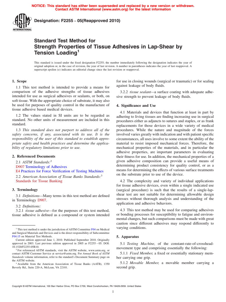 ASTM F2255-05(2010) - Standard Test Method for Strength Properties of Tissue Adhesives in Lap-Shear by Tension Loading