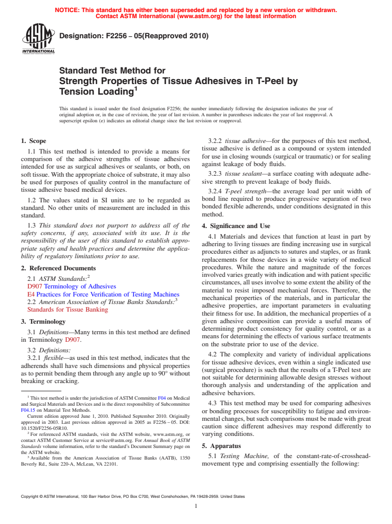 ASTM F2256-05(2010) - Standard Test Method for Strength Properties of Tissue Adhesives in T-Peel by Tension Loading