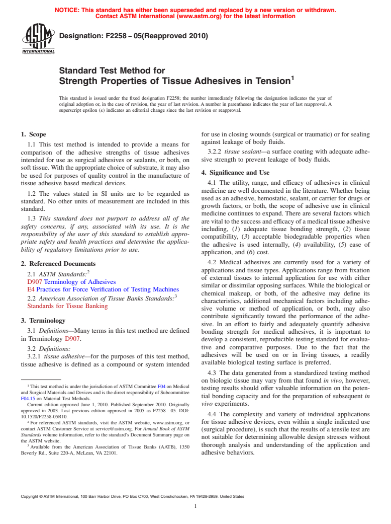 ASTM F2258-05(2010) - Standard Test Method for Strength Properties of Tissue Adhesives in Tension