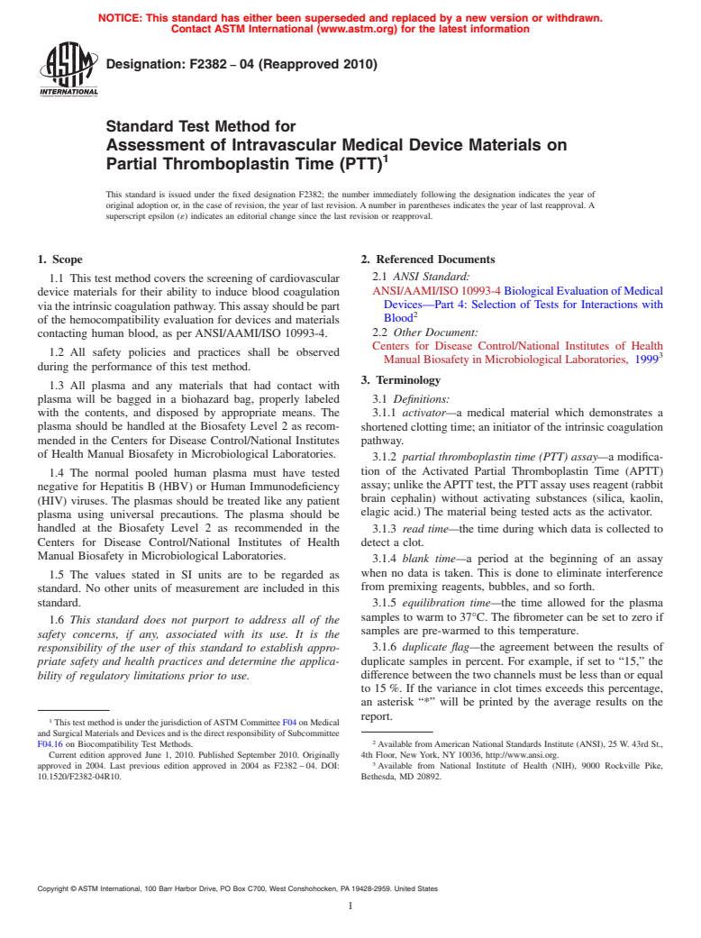 ASTM F2382-04(2010) - Standard Test Method for Assessment of Intravascular Medical Device Materials on Partial Thromboplastin Time (PTT)