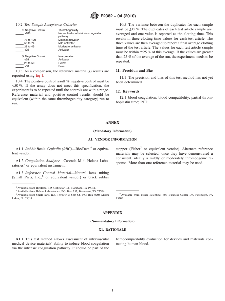 ASTM F2382-04(2010) - Standard Test Method for Assessment of Intravascular Medical Device Materials on Partial Thromboplastin Time (PTT)