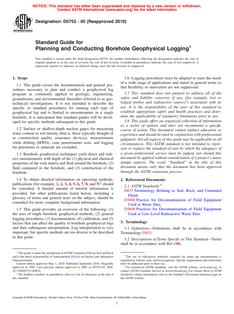 ASTM D5753-05(2010) - Standard Guide for  Planning and Conducting Borehole Geophysical Logging