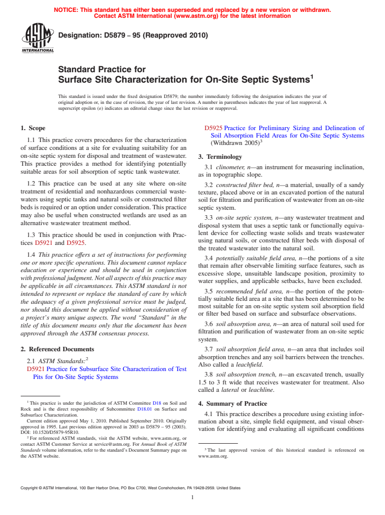 ASTM D5879-95(2010) - Standard Practice for  Surface Site Characterization for On-Site Septic Systems