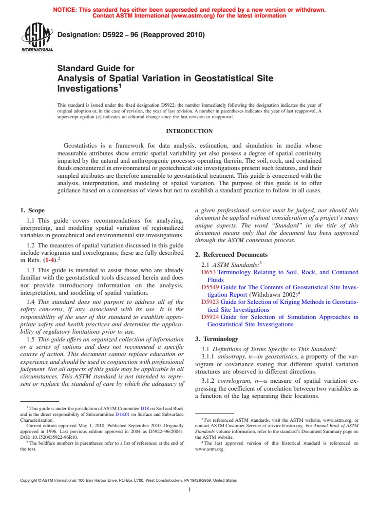 ASTM D5922-96(2010) - Standard Guide for Analysis of Spatial Variation in Geostatistical Site Investigations