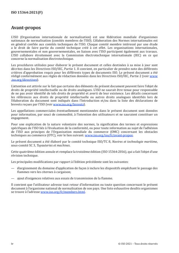 ISO 15364:2021 ISO 15364:2021 - Navires et technologie maritime -- Soupapes de pression/dépression pour citernes à cargaison et dispositifs pour empêcher le passage des flammes vers les citernes à cargaison - Page 4 preview