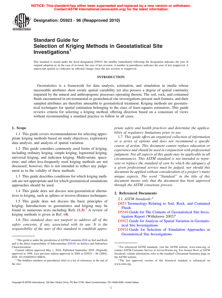 ASTM D5923-96(2010) - Standard Guide for  Selection of Kriging Methods in Geostatistical Site Investigations