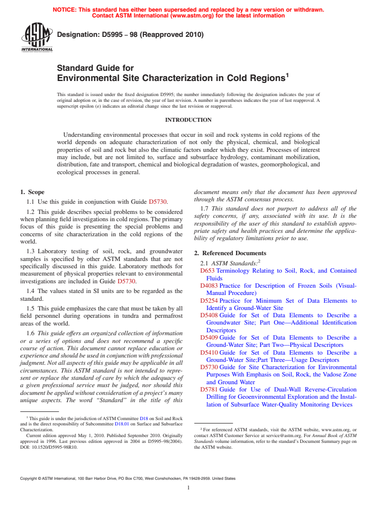 ASTM D5995-98(2010) - Standard Guide for  Environmental Site Characterization in Cold Regions