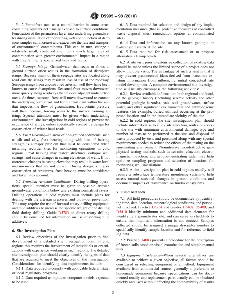 ASTM D5995-98(2010) - Standard Guide for  Environmental Site Characterization in Cold Regions