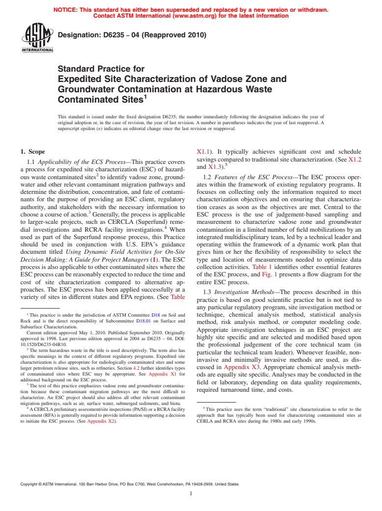 ASTM D6235-04(2010) - Standard Practice for Expedited Site Characterization of Vadose Zone and Groundwater Contamination at Hazardous Waste Contaminated Sites