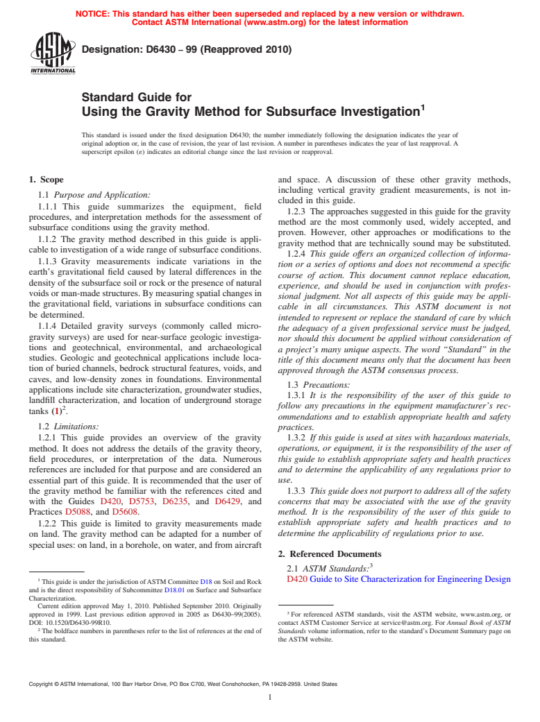 ASTM D6430-99(2010) - Standard Guide for Using the Gravity Method for Subsurface Investigation