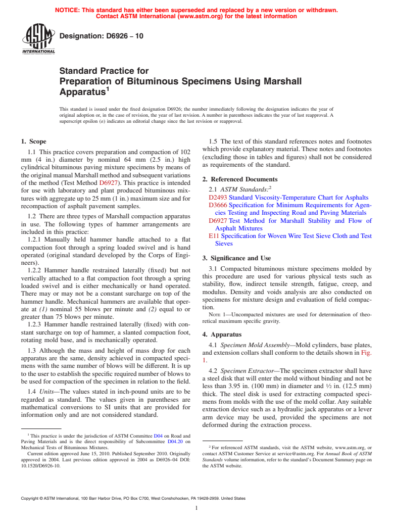 ASTM D6926-10 - Standard Practice for Preparation of Bituminous Specimens Using Marshall Apparatus
