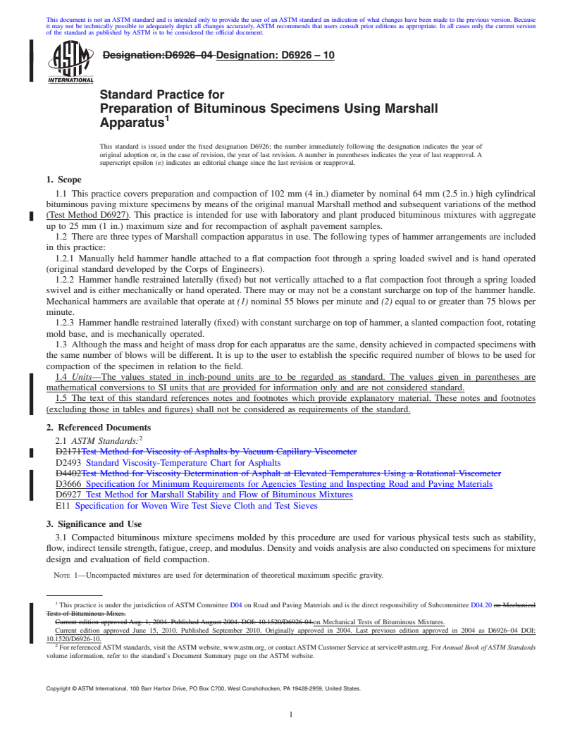 REDLINE ASTM D6926-10 - Standard Practice for Preparation of Bituminous Specimens Using Marshall Apparatus