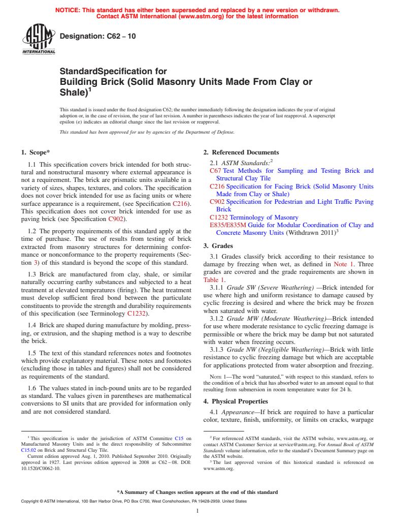 ASTM C62-10 - Standard Specification for Building Brick (Solid Masonry Units Made From Clay or Shale)