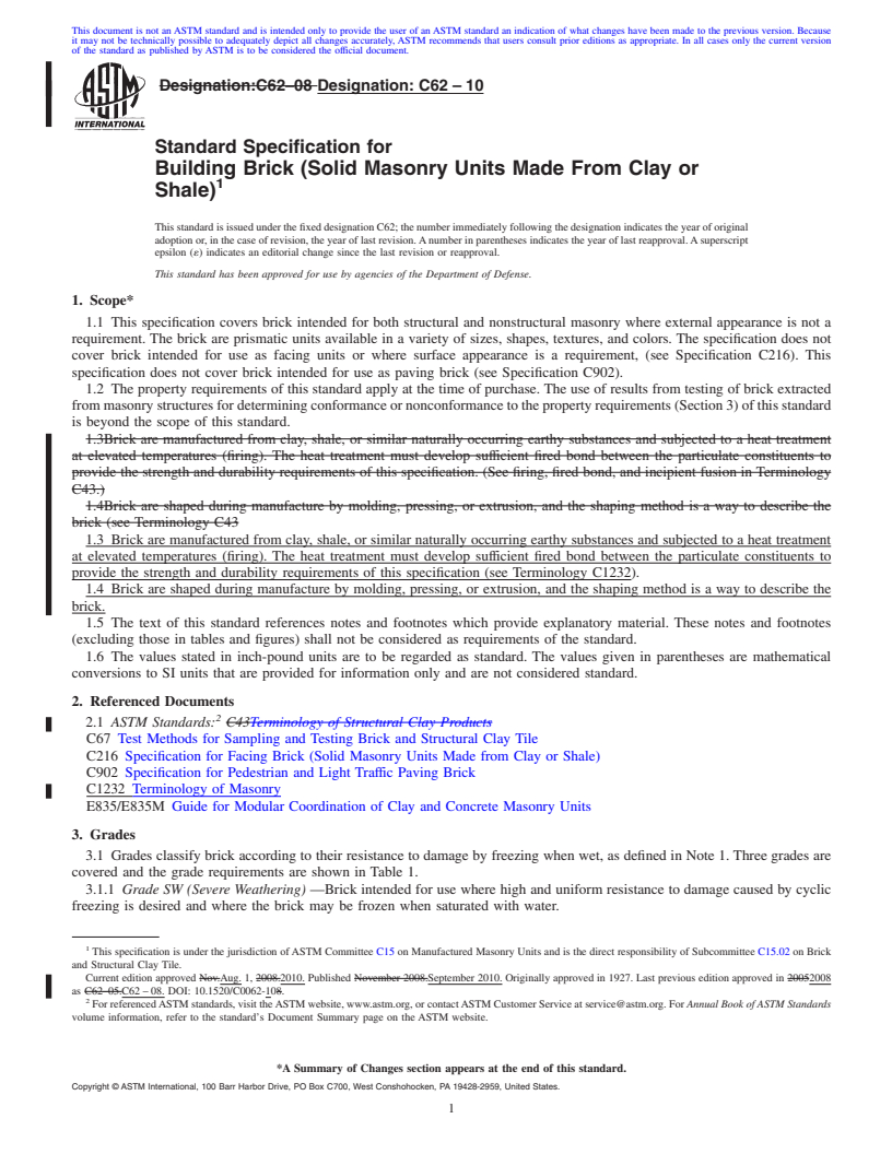 REDLINE ASTM C62-10 - Standard Specification for Building Brick (Solid Masonry Units Made From Clay or Shale)