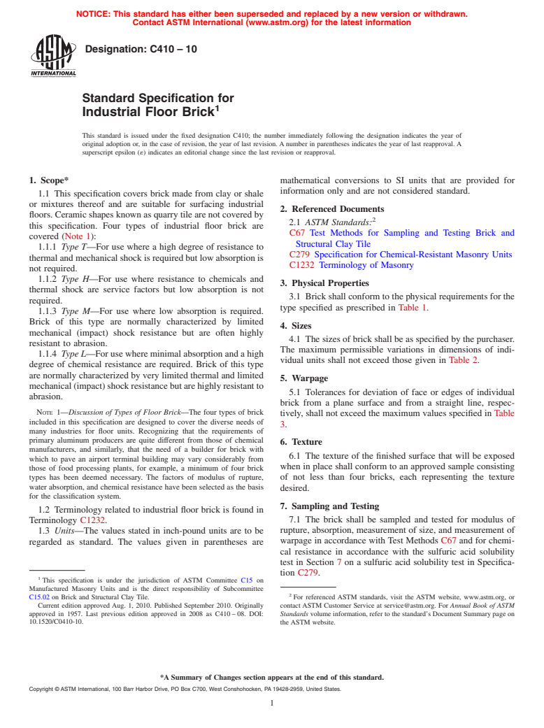 ASTM C410-10 - Standard Specification for  Industrial Floor Brick