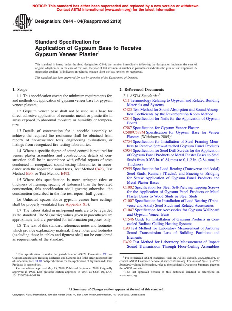 ASTM C844-04(2010) - Standard Specification for Application of Gypsum Base to Receive Gypsum Veneer Plaster